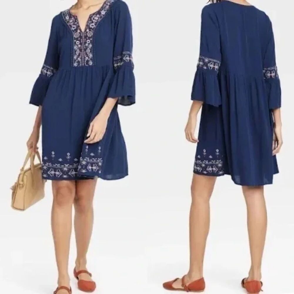 Knox Rose Women’s Blue Boho Embroidered Shabby Chic Dress XXL Sundress Rayon